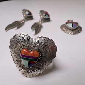 Turquoise Multi Gemstone Heart Sterling Silver 925 Earrings, Ring & Pendant Set